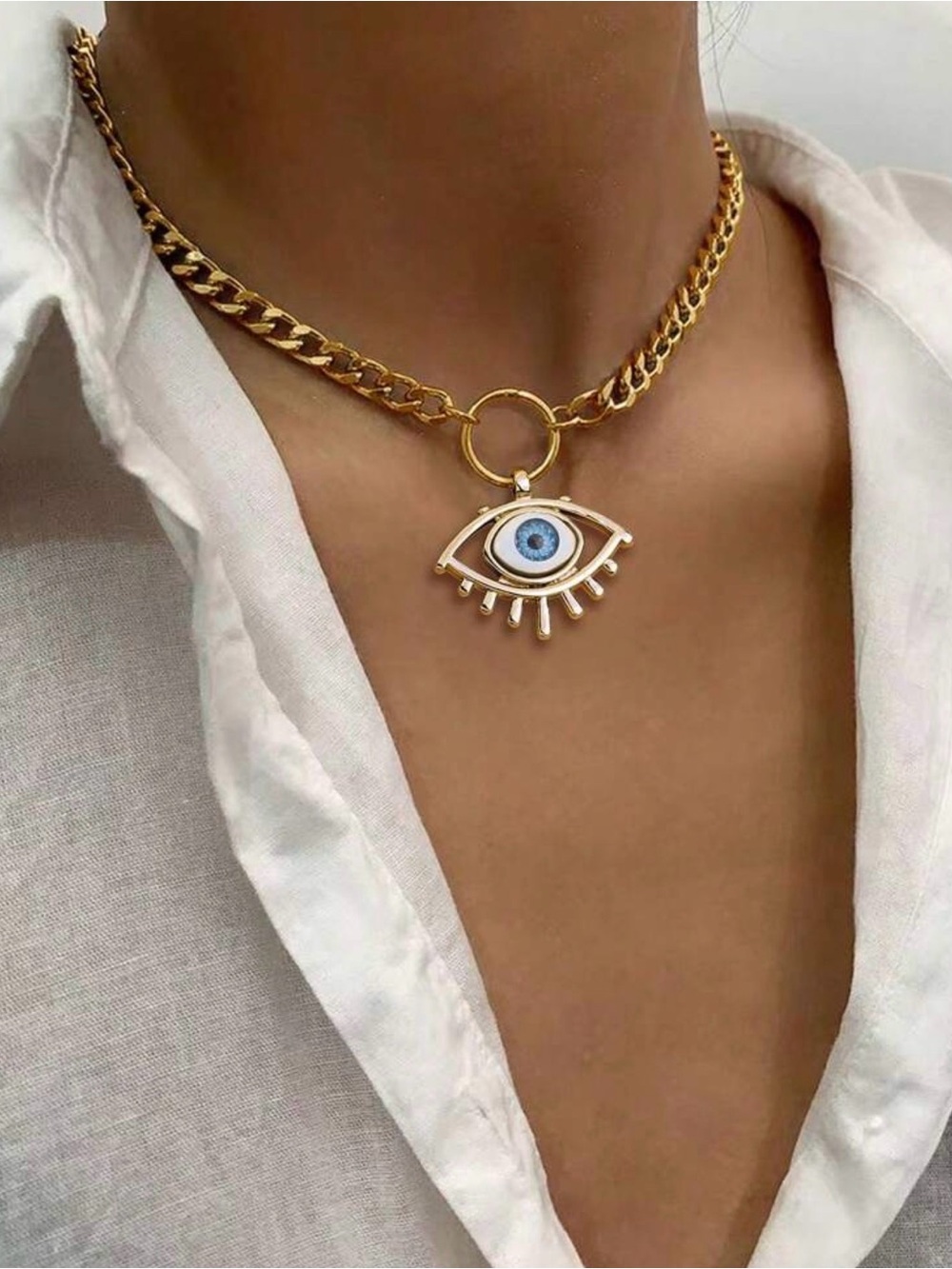 Gold Evil Eye Pendant Choker Necklace with Blue Eye